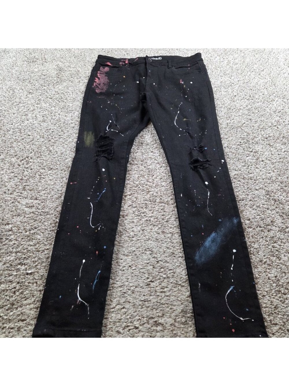 Crysp Denim Jeans Mens 36x33.5 Black Graffiti Paint Splatter Distressed Skinny